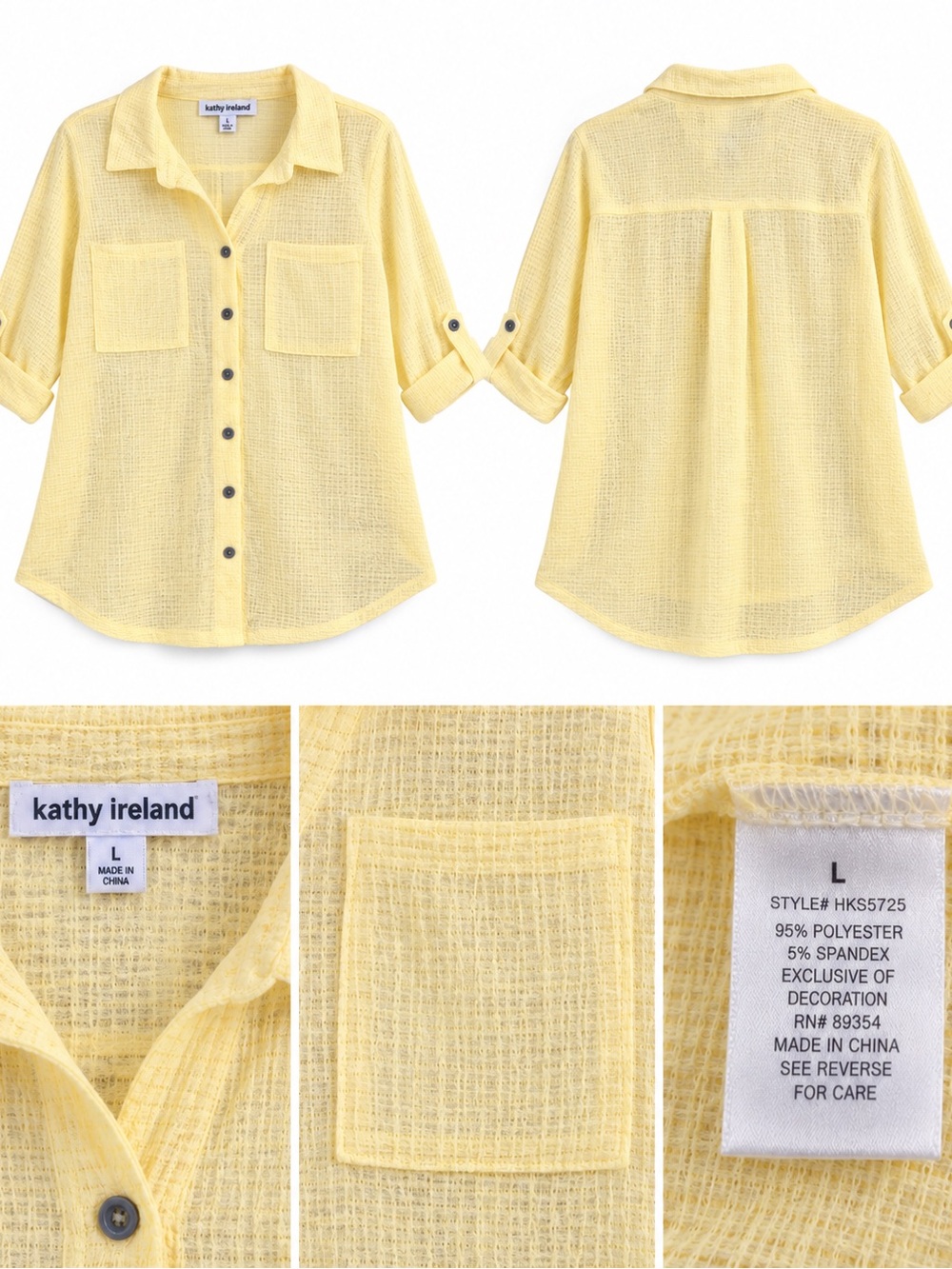 Kathy Ireland Yellow Textured Button Down Roll Tab Shirt Women’s L